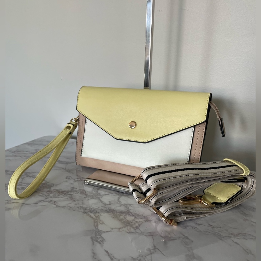 Women’s Colorblock Envelope Style Crossbody White Tan Yellow Clutch